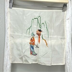 Vintage Japanese Embroidered Silk‎ Handkerchief Geisha Pagoda Willow Tree Art